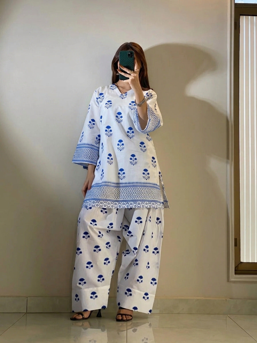 Front and Back Blueberry Printed Shirt with Farshi Shalwar 2-Piece Summer Cotton Suit