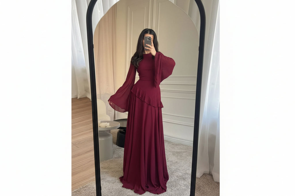 Royal Sapphire 2-Piece Korean Chiffon Ruffle Maxi Dress & Skirt Set