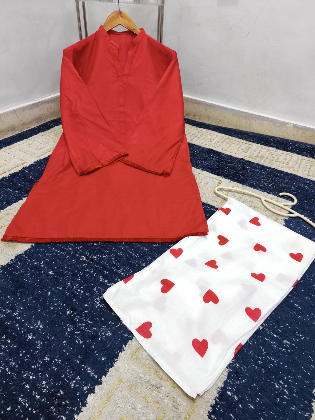 Readymade Romantic Heart Printed 2-Piece Cotton Co-Ord Set – Solid Tunic & Flapper Pants