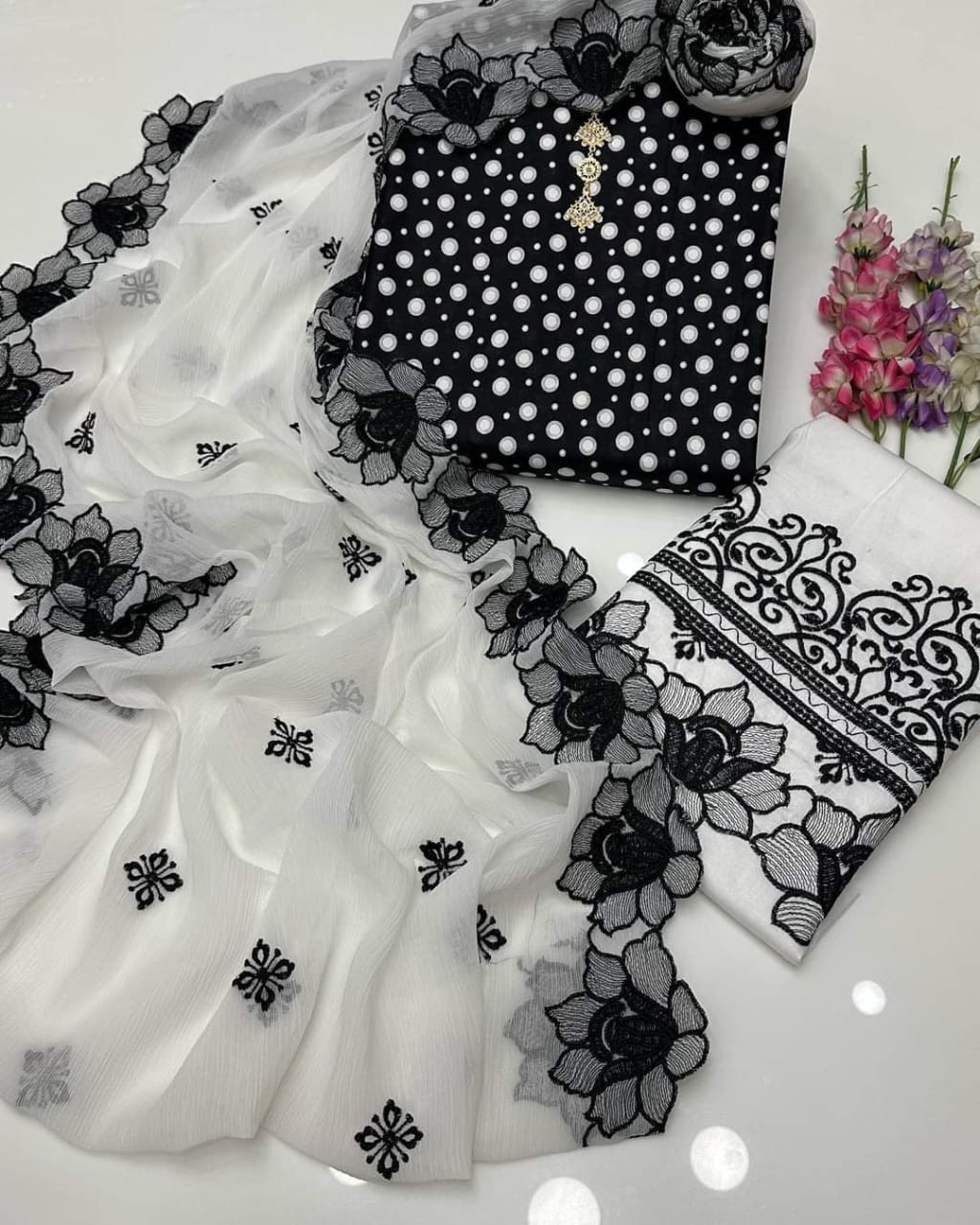 Elegant Polka Dot Cotton Lawn 3pc Suit with Cut-Work Embroidered Chiffon Dupatta