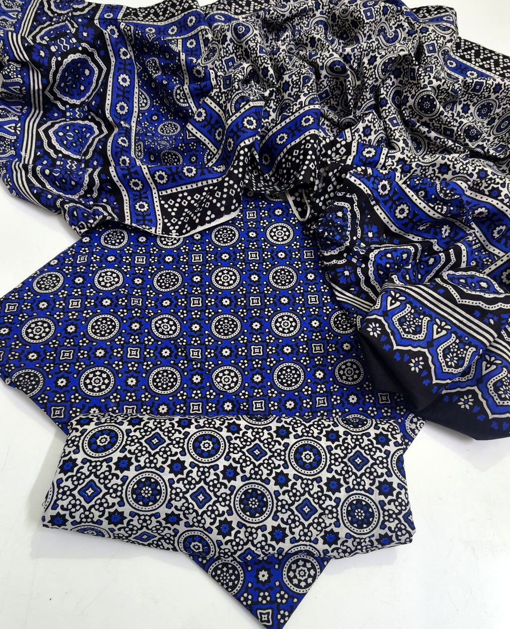 Traditional Allover Print Blue Ajrak Cotton 3-Piece Unstitched Suit | Cultural Sindhi Print Dress