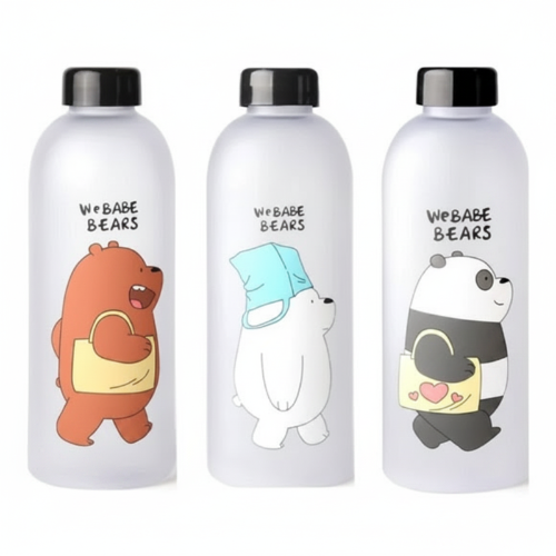 Three water bottles with cartoon bear designs and 'We Babe Bears' text on a white background.