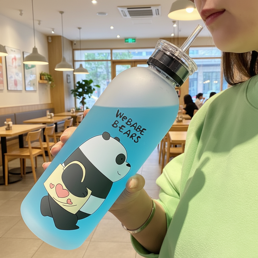 Person holding a water bottle with a panda design and text, in an indoor setting.