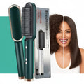 Hair straightening comb with packaging and a woman with straight hair, featuring the brand 'Jbi'.