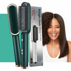 Hair straightening comb with packaging and a woman with straight hair, featuring the brand 'Jbi'.