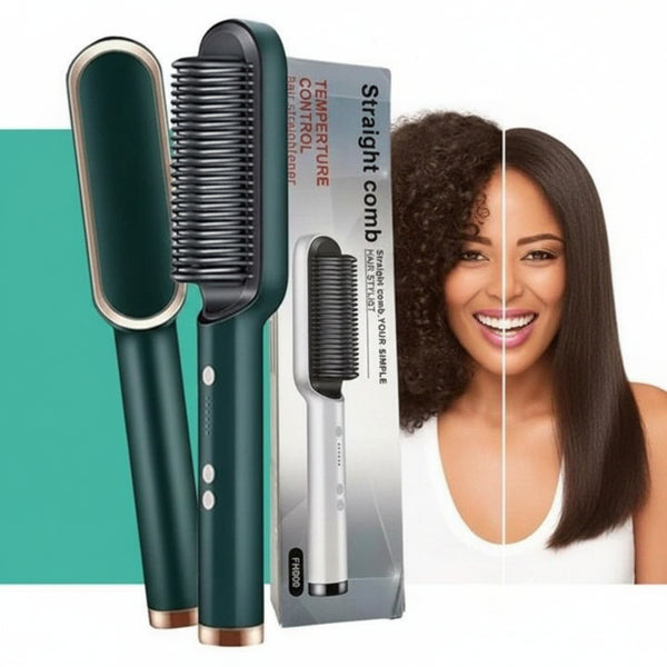Hair straightening comb with packaging and a woman with straight hair, featuring the brand 'Jbi'.