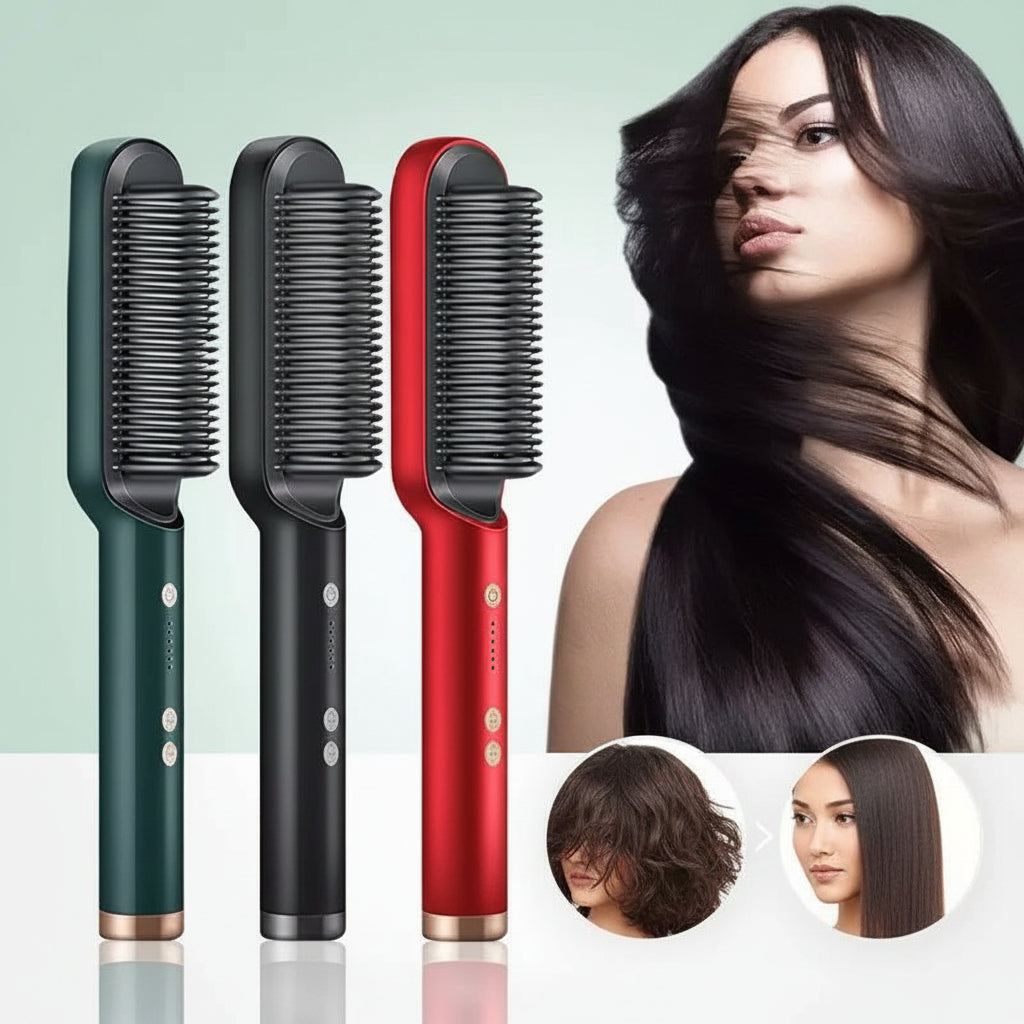 Three hair styling brushes in green, black, and red with a woman using them and before-and-after images on a light green background.
