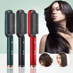 Three hair styling brushes in green, black, and red with a woman using them and before-and-after images on a light green background.