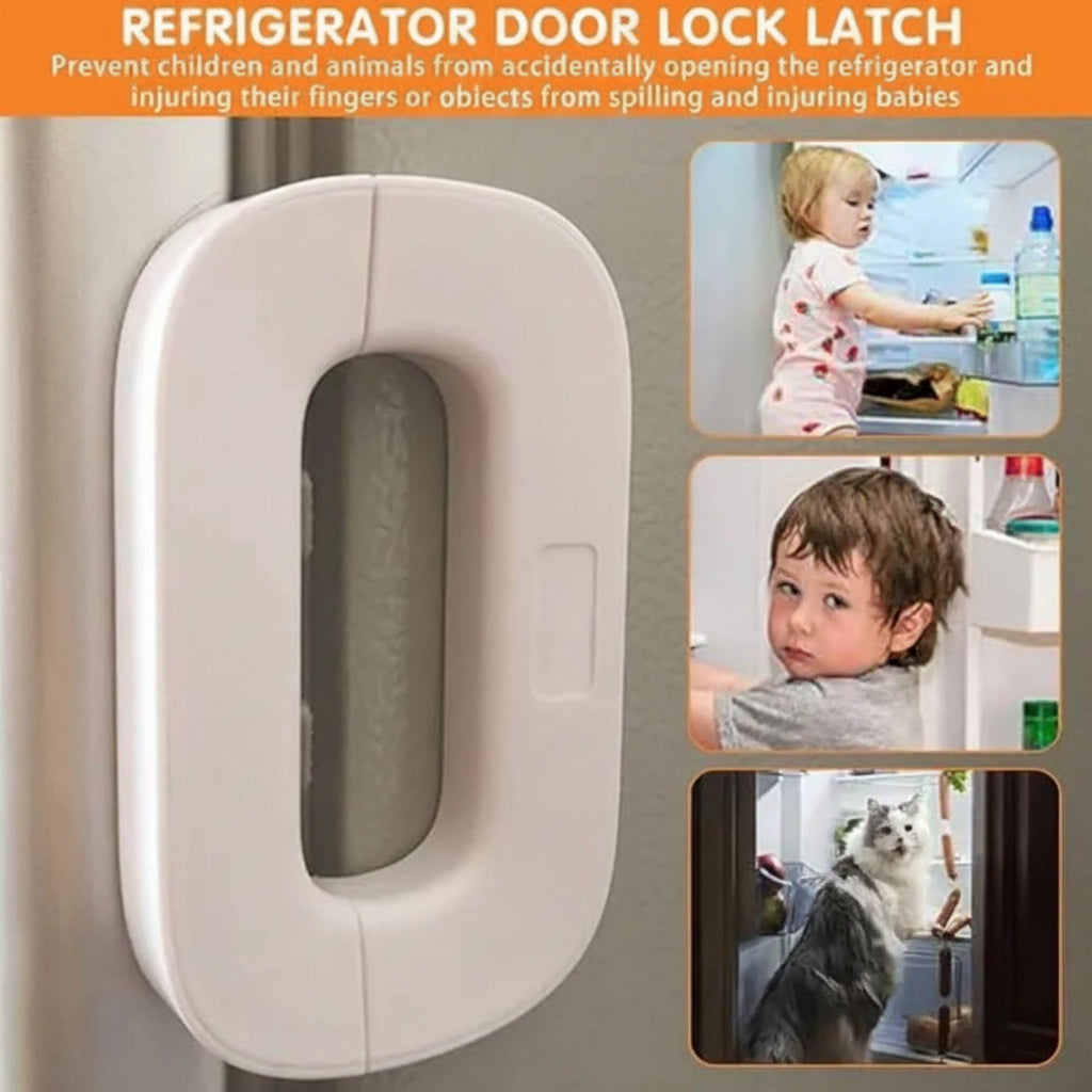 Refrigerator door lock latch with Jbi branding and safety benefits highlighted