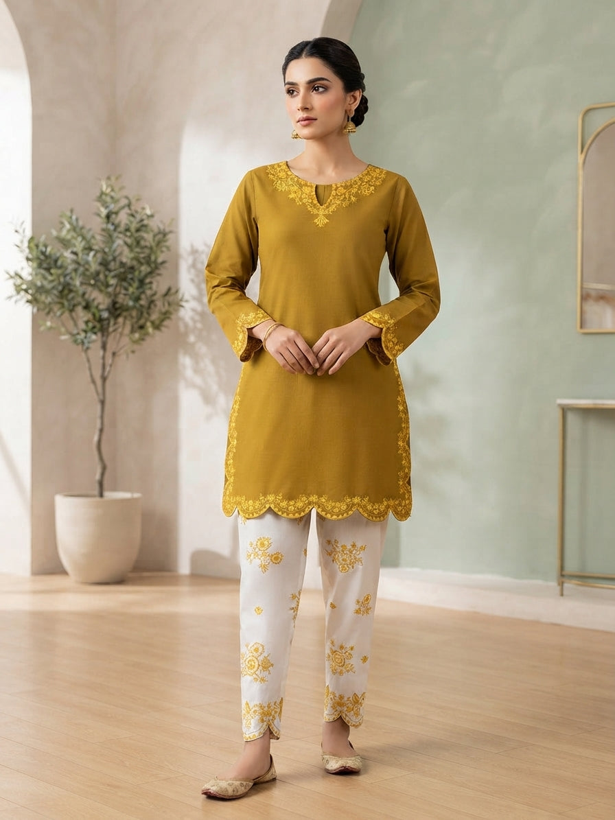 2-Piece Premium Embroidered Farshi Shalwaar Co-Ord Set - Cotton Summer Outfit