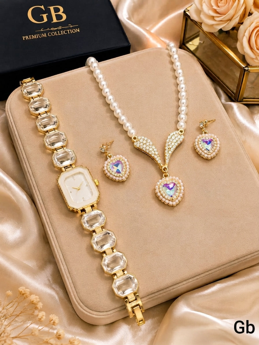 Fancy Delicate Gift Set for Her – Watch & Heart Locket Set with Luxury Box
