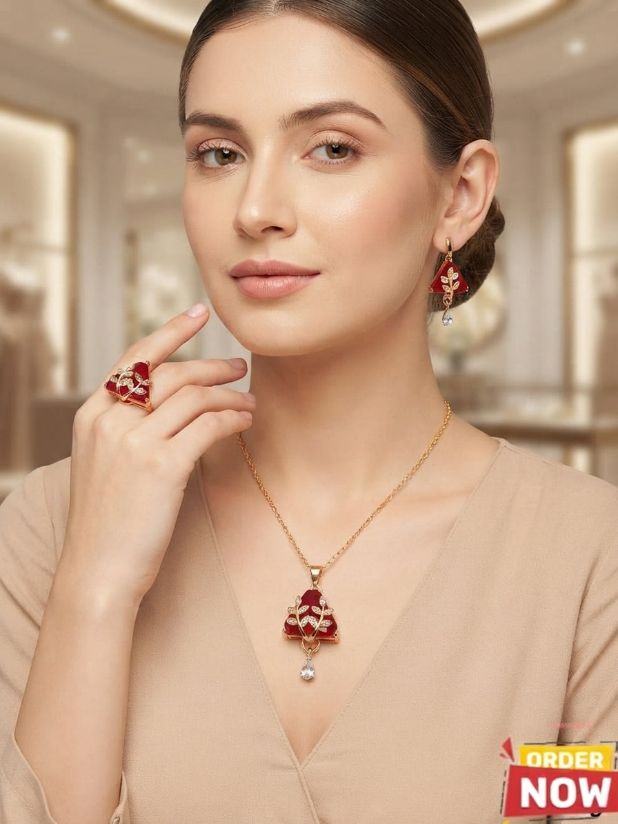 Gold Plated Zircon Diamond Locket Set with Rings for Women | Elegant Jewelry Set