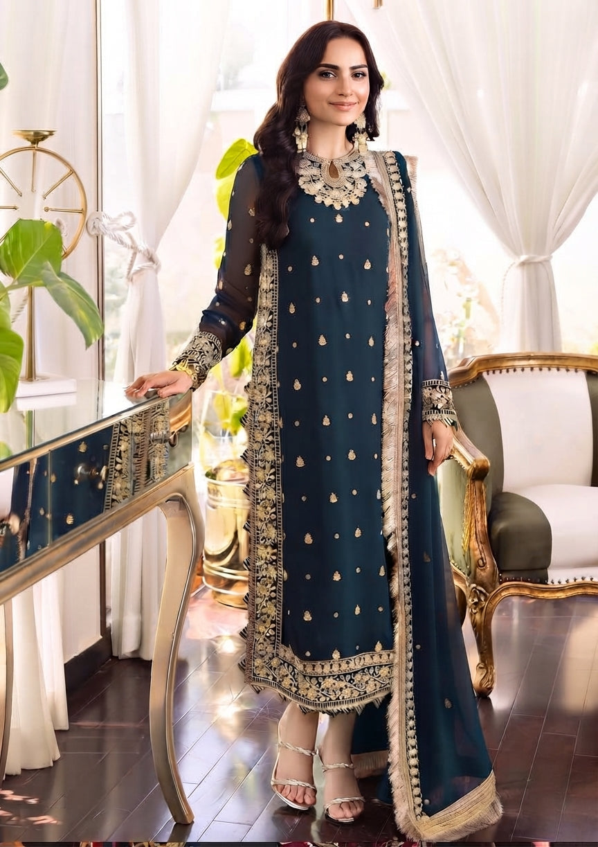 3-Piece Luxury Embroidered Chiffon Suit with Malai Trouser & Kiran Dupatta