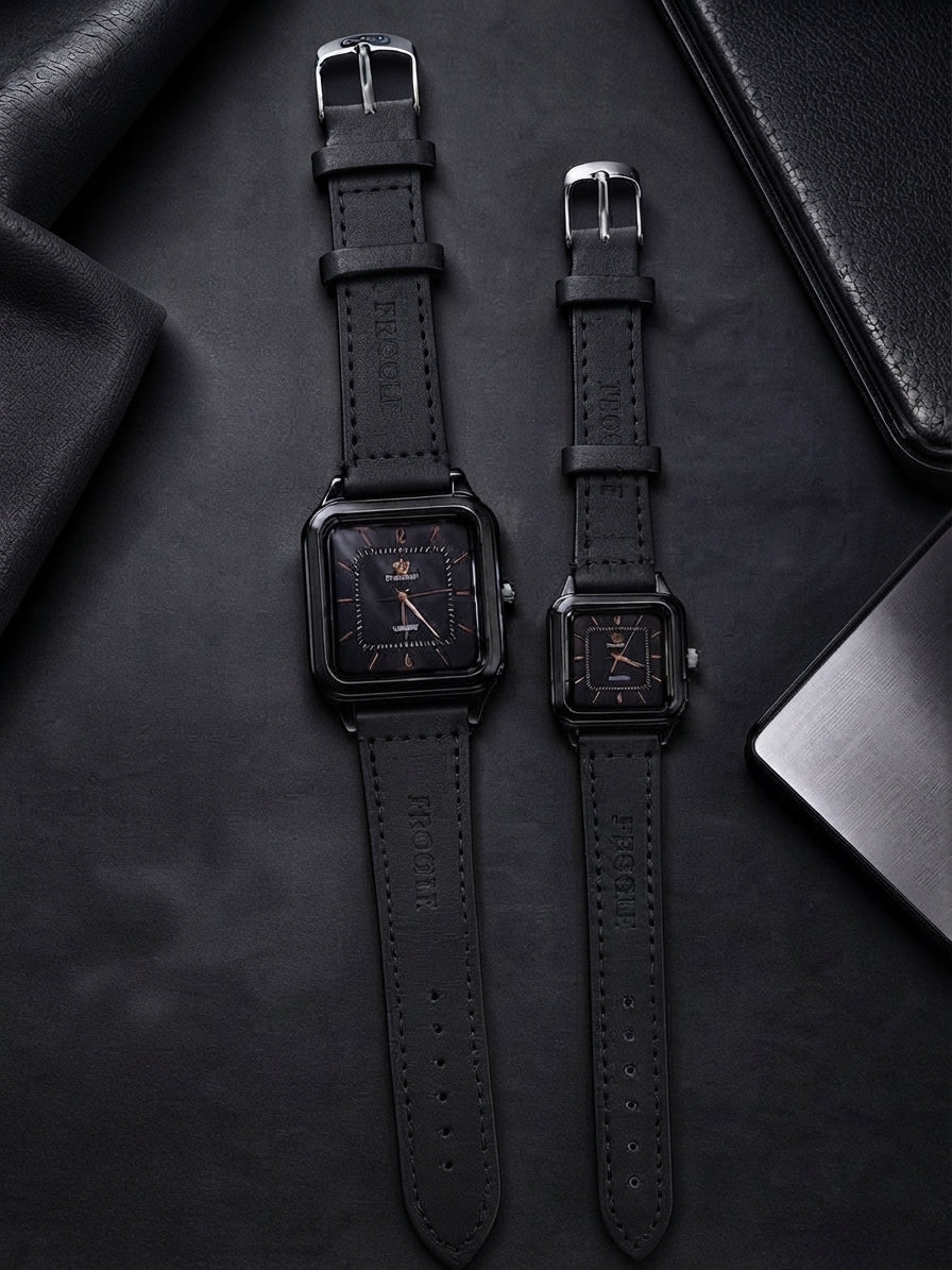 Elegant Square Dial Couple Watch Set – Matching Leather Strap Quartz Timepieces in 4 Colors