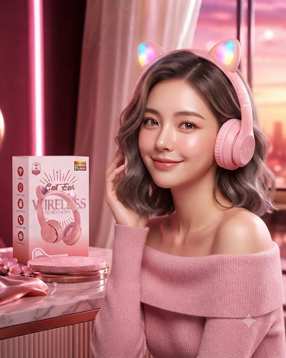 Foldable Cat Ear LED Wireless Headphones P47M - Cute Bluetooth Headset
