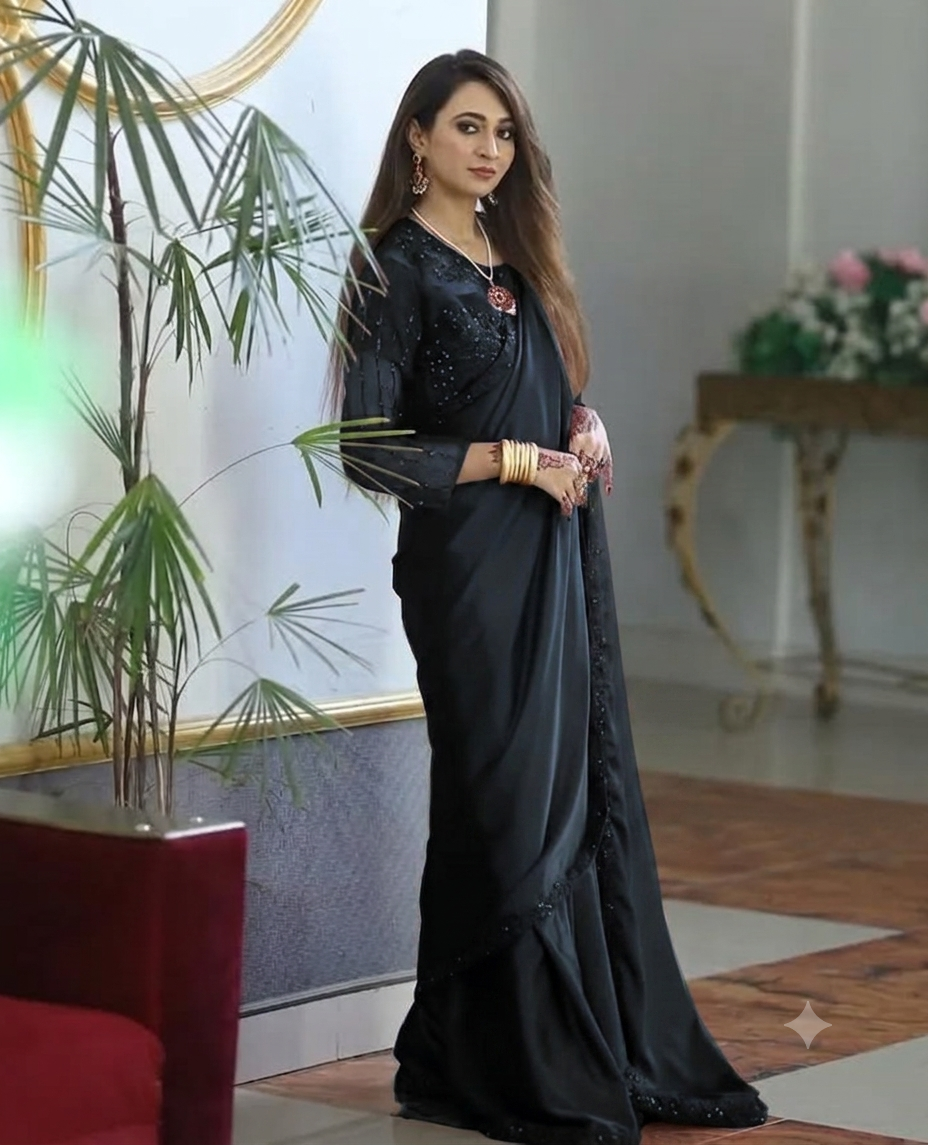 Ready to Wear Sequence & Pearl Embroidered Silk Saree with Organza Blouse Set