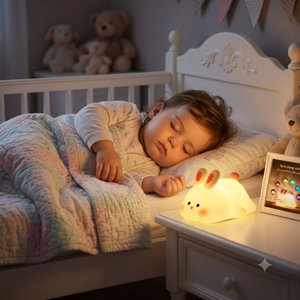 Cute Silicone Rechargeable Rabbit Night Light - Tap Control RGB Lamp with Sleep Timer