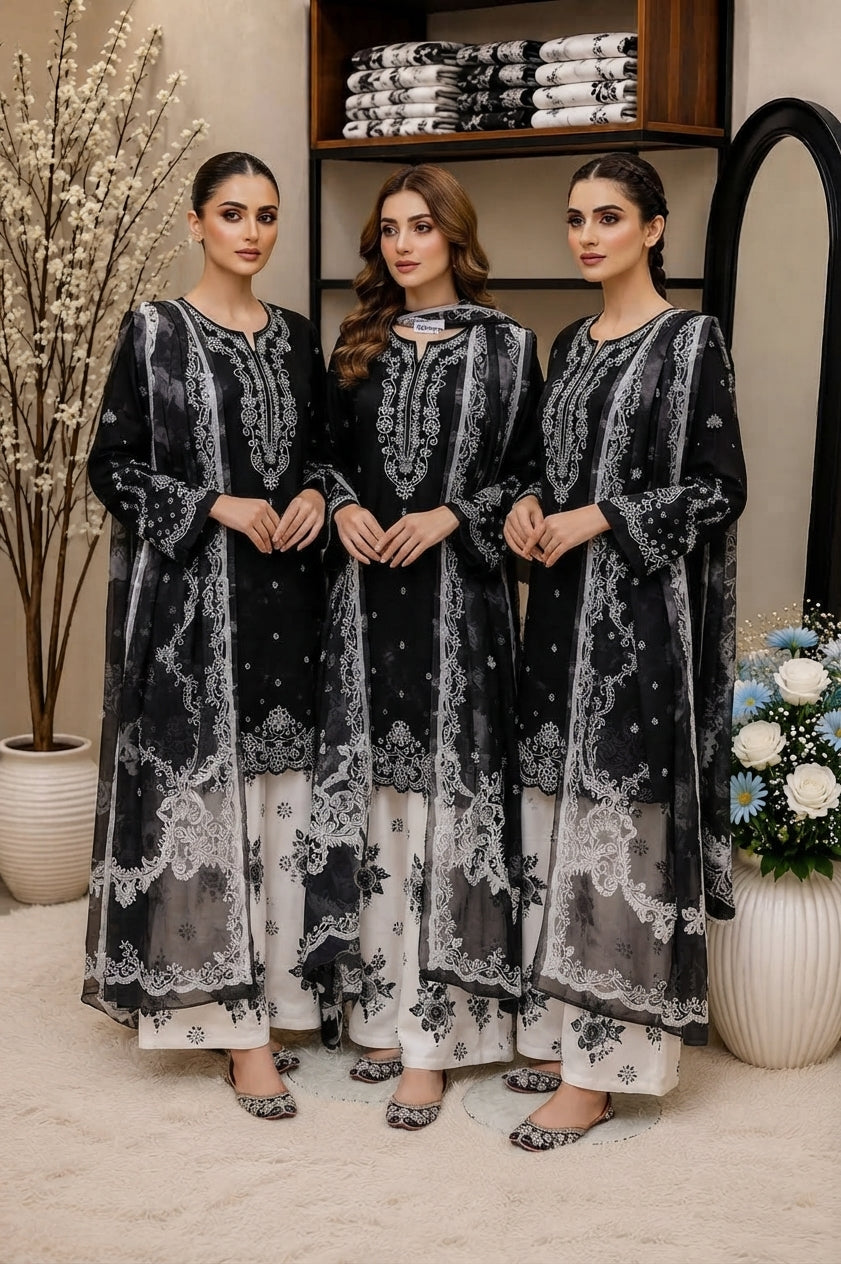 3-Piece Ready to Wear Premium Cotton Embroidered Suit with Digital Printed Farshi Shalwar