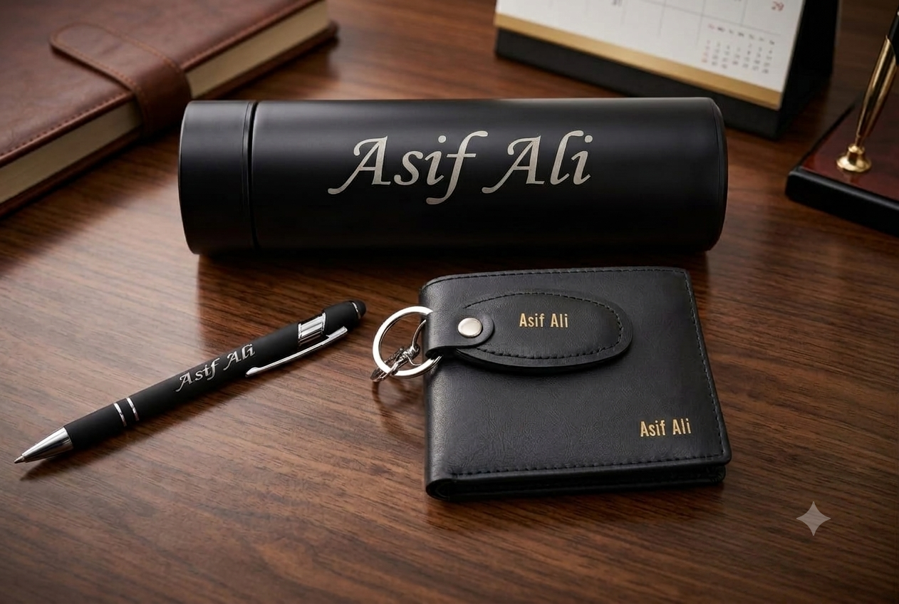 Customized Men's Gift Set - 4-in-1 Premium Wallet, Keychain, Pen & Temperature Bottle Deal