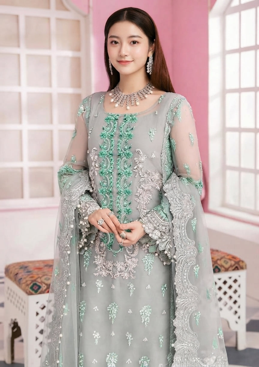 Luxury Bridal Organza Suit – Stone Handwork & Silk Trouser