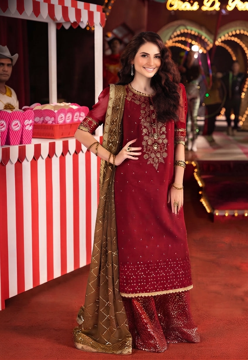 3-Piece Sequenced Chiffon Suit with Silk Trouser