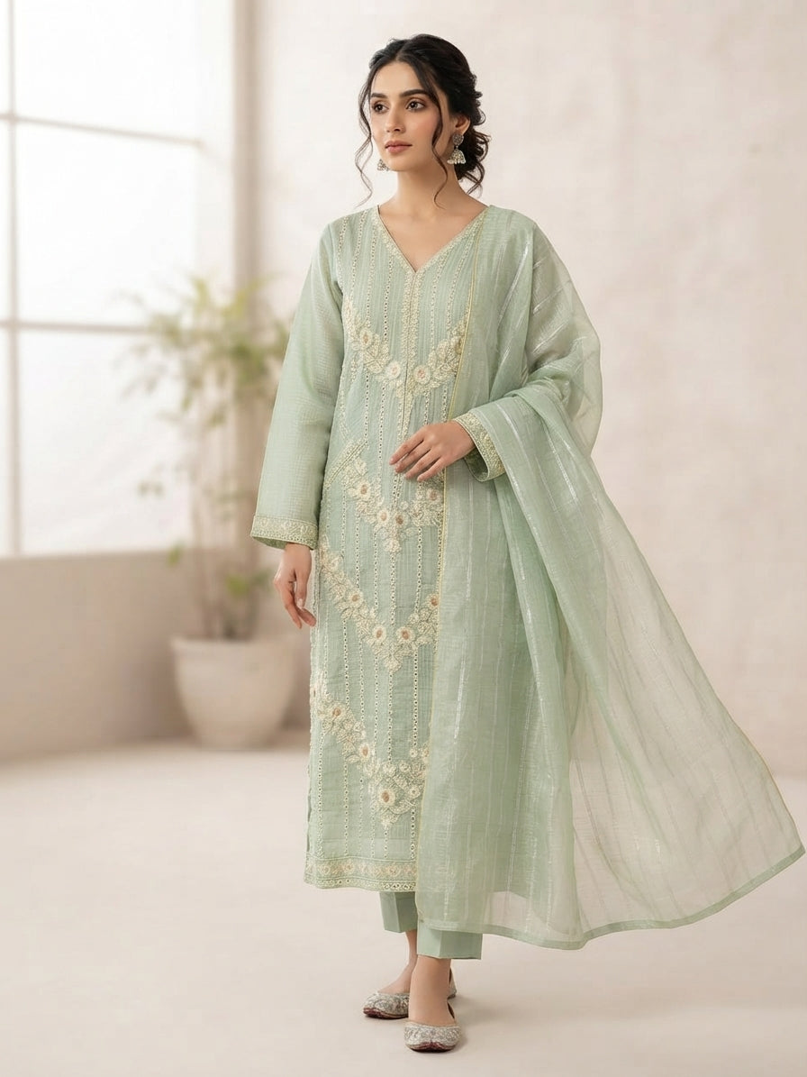 Ready to Wear Heavy Embroidered Thread & Chickankari PV Cotton 3-Piece Suit with Monar Dupatta