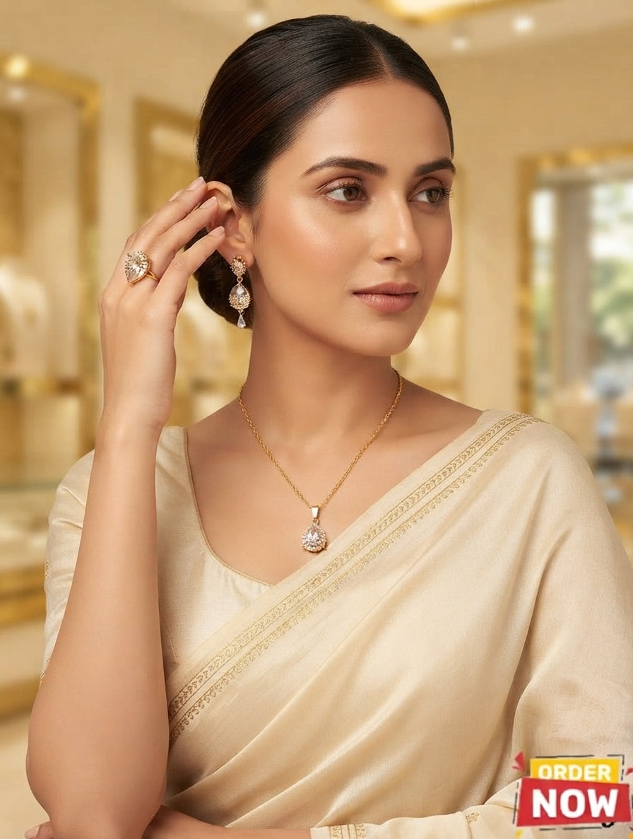 Zircon Diamond Locket & Ring Set Gold Plated for Women | Sparkling Jewelry Collection