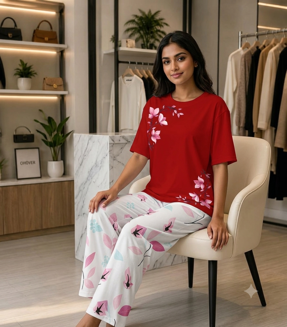 Women's Soft Jersey Printed Night Suit Set – Printed Shirt with Cotton Jersey Trouser