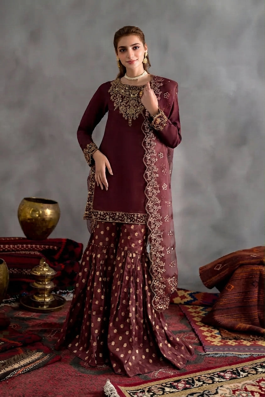 Luxury 3-Piece Unstitched Chiffon Suit – Heavy Adda Work & Organza Dupatta
