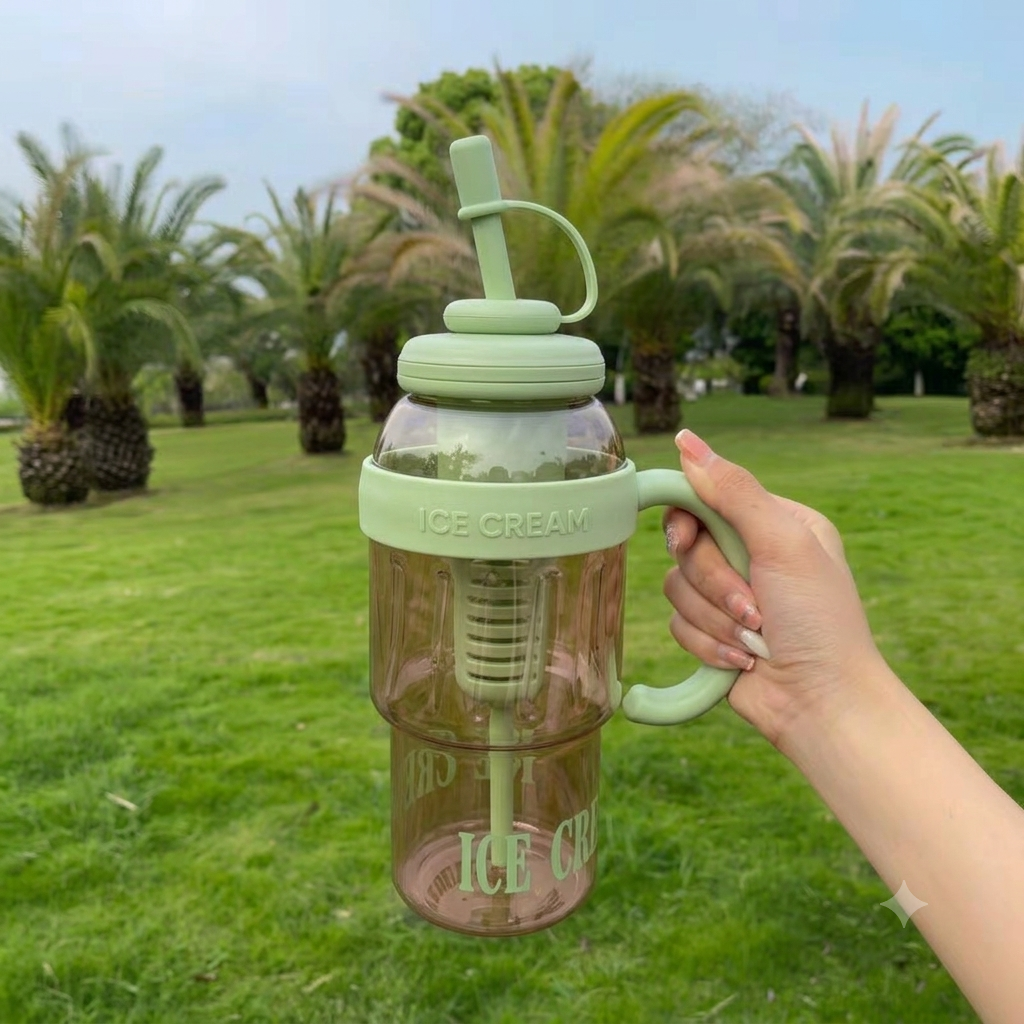 Cute Ice Cream Plastic Water Bottle with Straw & Handle (1400ml) – Large Capacity Cute Sipper