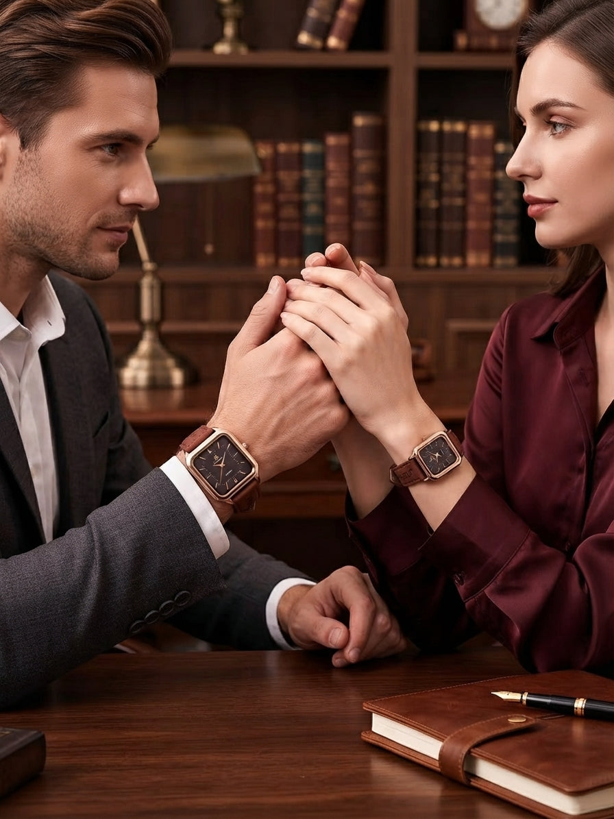 Elegant Square Dial Couple Watch Set – Matching Leather Strap Quartz Timepieces in 4 Colors