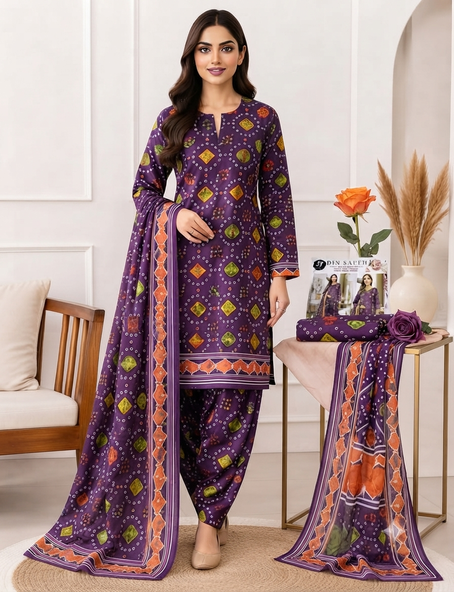 Premium 90/70 Airjet Digital Printed Lawn Suit with Monar Dupatta