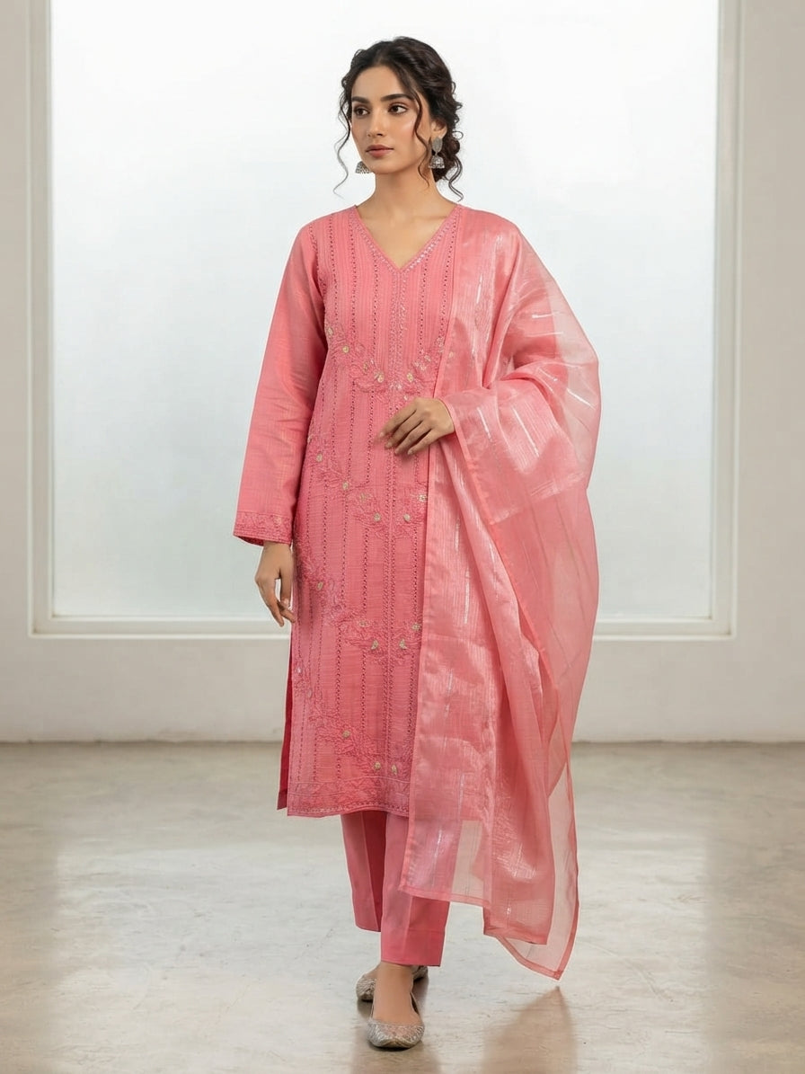 Ready to Wear Heavy Embroidered Thread & Chickankari PV Cotton 3-Piece Suit with Monar Dupatta