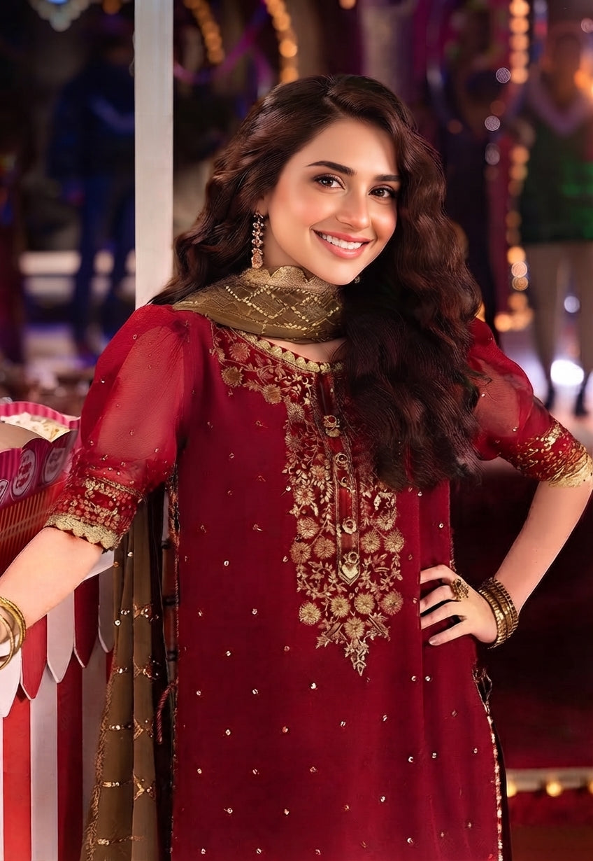 3-Piece Sequenced Chiffon Suit with Silk Trouser