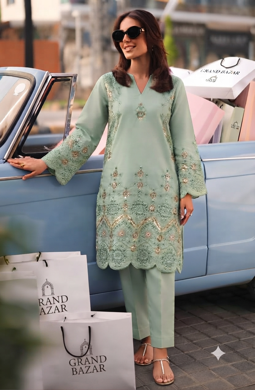 Mint Green Embroidered Chikankari Cotton Suit with Cambric Trouser