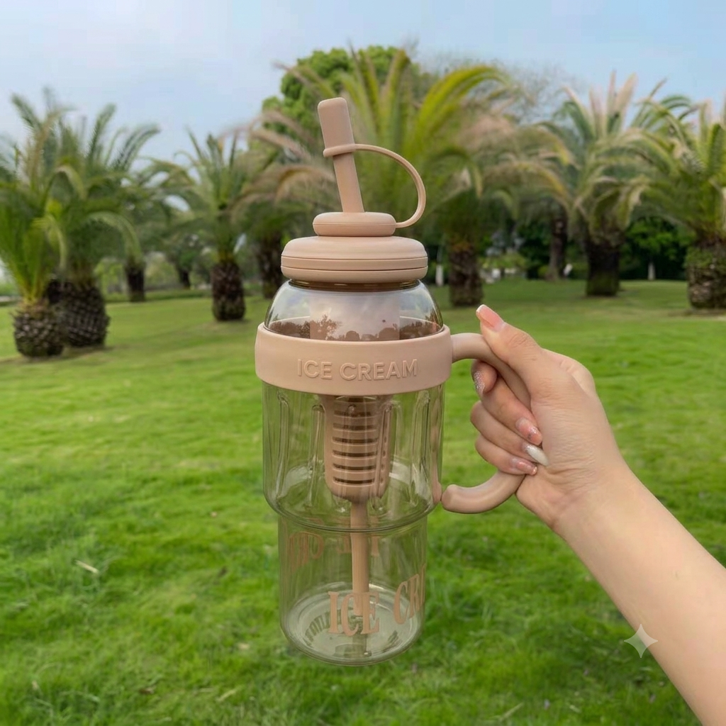 Cute Ice Cream Plastic Water Bottle with Straw & Handle (1400ml) – Large Capacity Cute Sipper