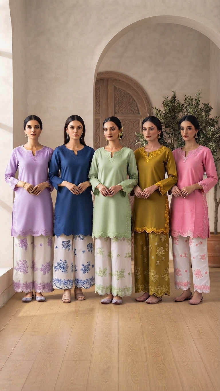 2-Piece Premium Embroidered Farshi Shalwaar Co-Ord Set - Cotton Summer Outfit