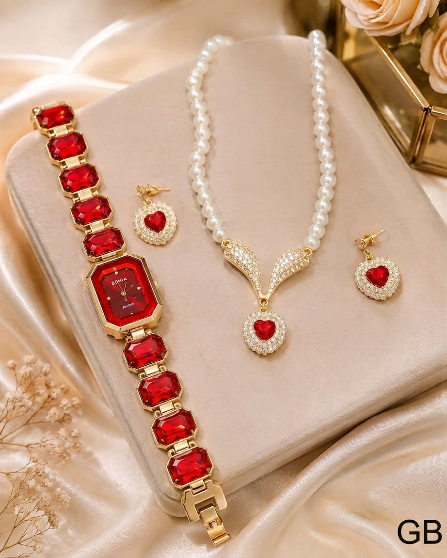 Fancy Delicate Gift Set for Her – Watch & Heart Locket Set with Luxury Box