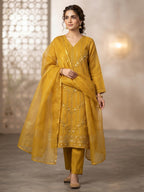 Ready to Wear Heavy Embroidered Thread & Chickankari PV Cotton 3-Piece Suit with Monar Dupatta
