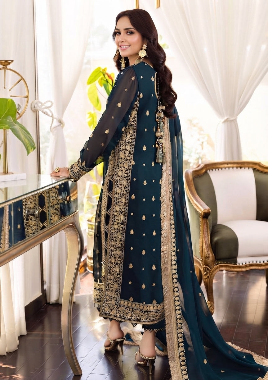 3-Piece Luxury Embroidered Chiffon Suit with Malai Trouser & Kiran Dupatta