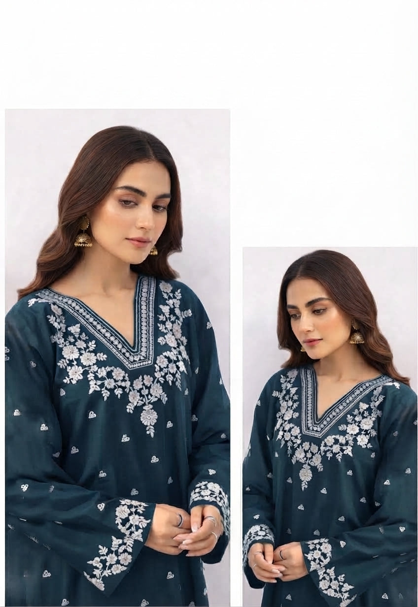 2-Piece High Quality Dhanak Embroidered Unstitched Suit for Women