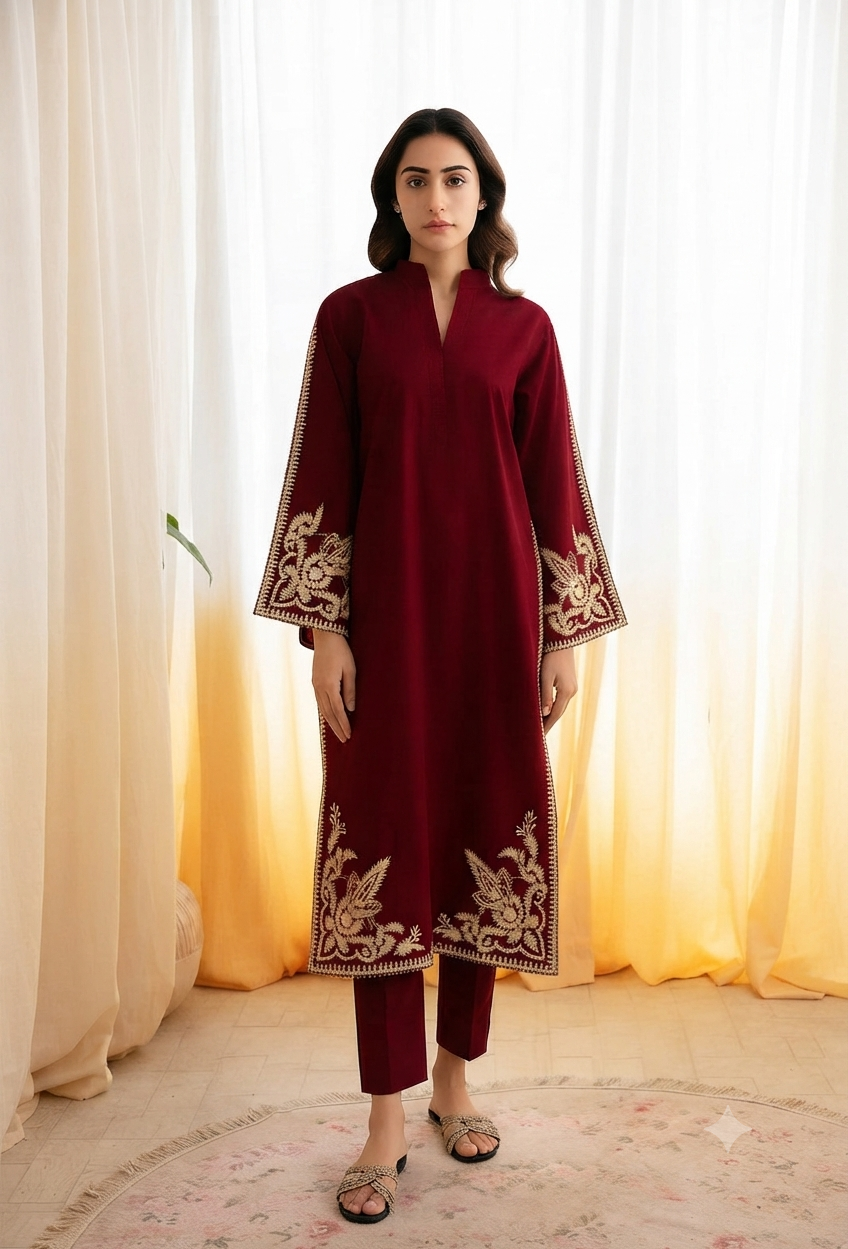 Premium Lawn Embroidered 2Pc Suit With Plain Trouser