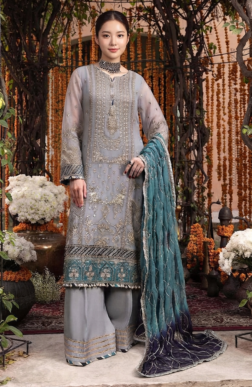 Heavy Embroidered Chiffon Suit with Pearl Work & Tie-Dye Dupatta – Unstitched