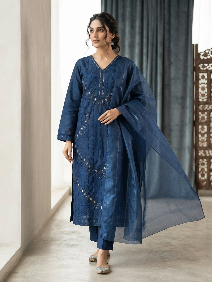 Ready to Wear Heavy Embroidered Thread & Chickankari PV Cotton 3-Piece Suit with Monar Dupatta