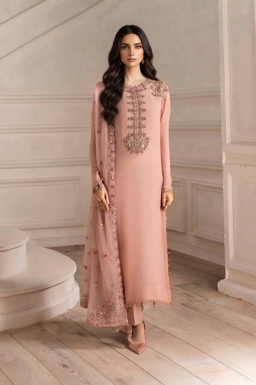 3-Piece Embroidered Chiffon Addawork Suit with Malai Inner & Trouser