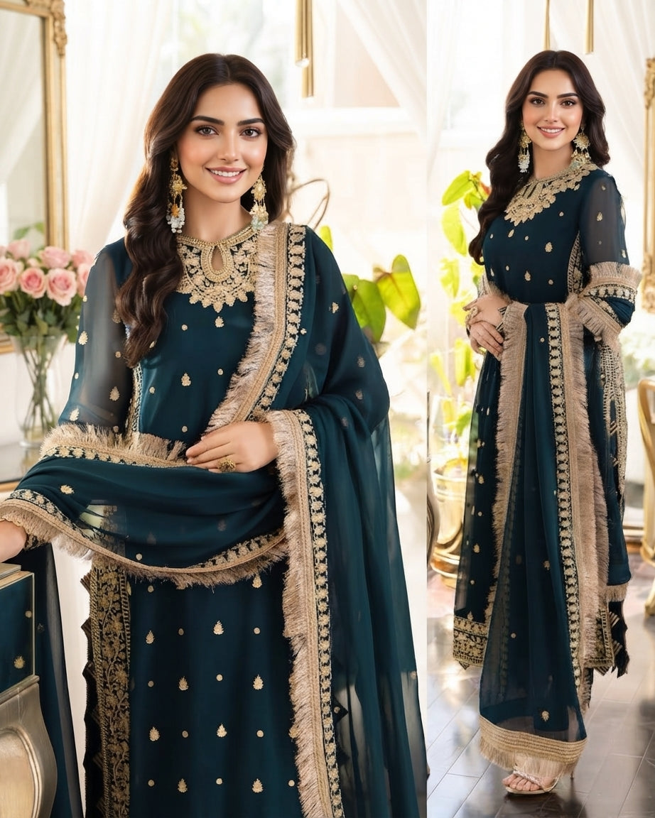 3-Piece Luxury Embroidered Chiffon Suit with Malai Trouser & Kiran Dupatta