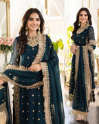 3-Piece Luxury Embroidered Chiffon Suit with Malai Trouser & Kiran Dupatta