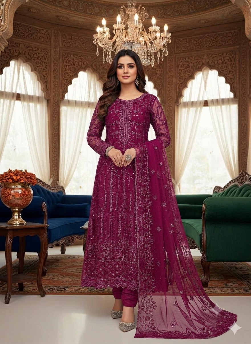 Premium Net Sequence Embroidered 3-Piece Dress with Katan Silk Trouser