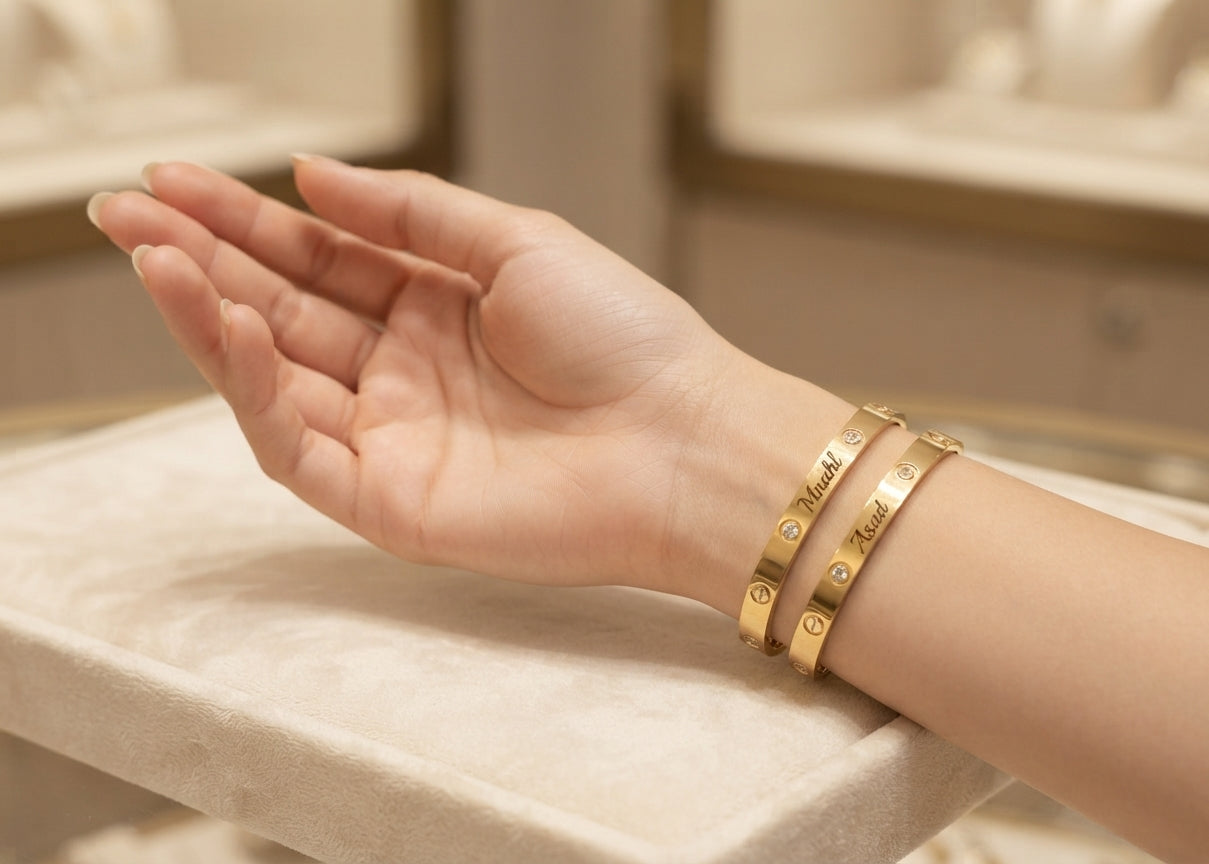 Stainless Steel Open Cuff Love Bangle – Trendy Unisex Kara (Golden & Silver)