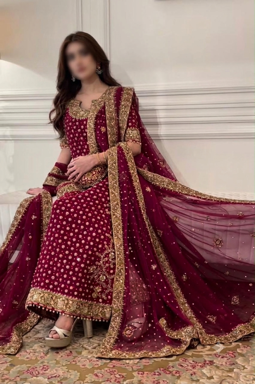 3-Piece Women's Heavy Embroidered Addawork Chiffon Suit with Potli Pouch & Raw Silk Trouser